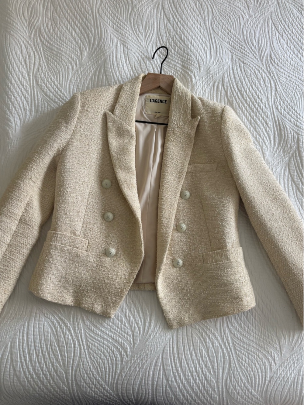 L'AGENCE Cream Bouclé Double-Breasted Blazer